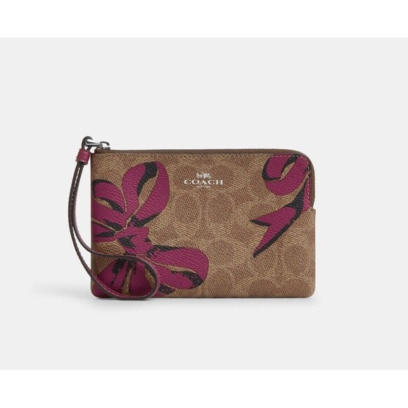 Coach Handbags - ❤️ Coach Corner Zip Wristlet - CZ440 Tan Printed Coated Canvas w/Pink Bows NWT